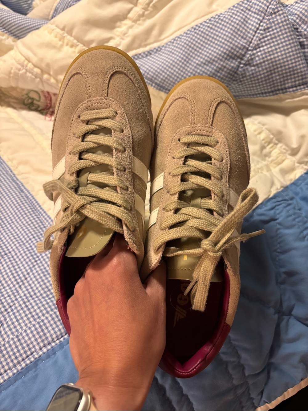 Gola Beige Suede Retro Trainer with White Stripes and Gum Sole - Picture 2 of 8